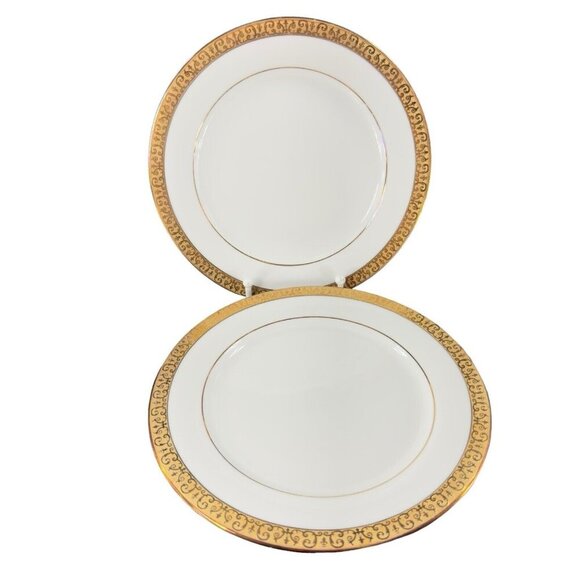 Royal Gallery Gold Dish Plates Macy 1991 Porcelain Made In Sri Lanka Set 2 VTG - Picture 1 of 9